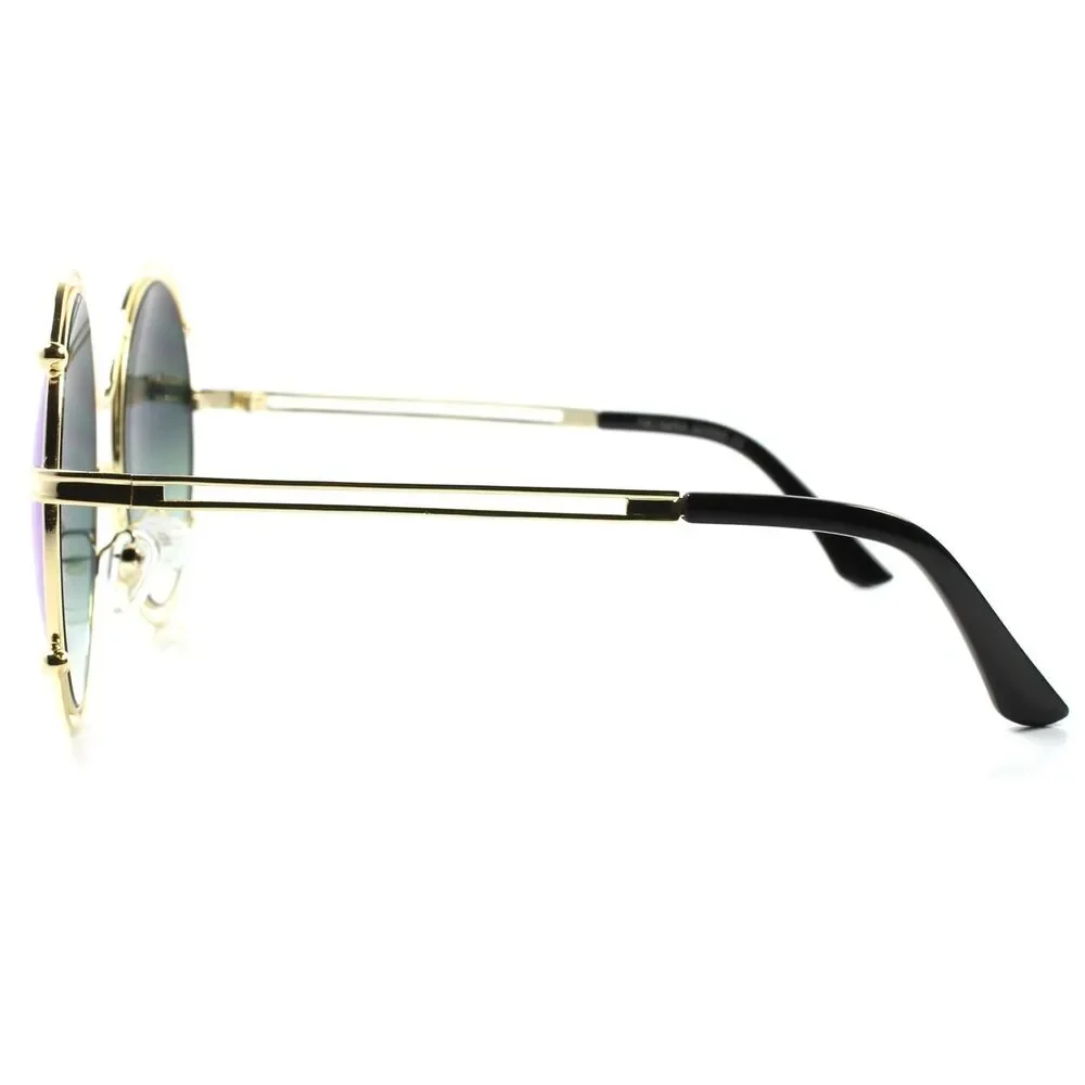 Upscale Gold Frame Blue Mirror Lens Womens Designer Oversized Round Sunglasses
